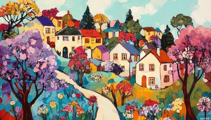 Colorful hillside town, path through vibrant flowers and trees, landscape painting