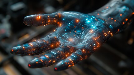 Futuristic Robotic Hand with Glowing Circuit Patterns in Close-Up