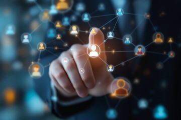 Hand of businessman pointing at digital network of connected people icons, glowing on dark background. Concept of social connections and communication. Ai generative