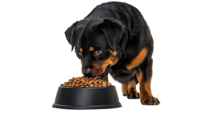 Rottweiler enjoying his meal from a bowl