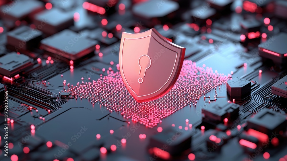 Poster a digital shield protecting a network of computers and data from cyberattacks, representing the role