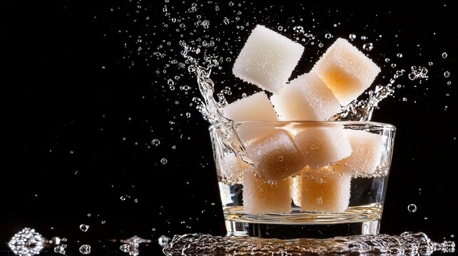 A sugar cube dissolving in a glass of water, symbolizing the effects of excessive sugar intake.