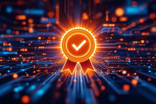 Certification badge with checkmark glows on digital circuit background. Futuristic technology concept of security, quality assurance, and validation. Ai generative