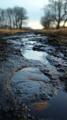 Muddy Path to the Horizon: A textured close-up of a muddy path, with water puddles reflecting the sky, leads the viewer's eye towards a blurred line of trees and the distant horizon.