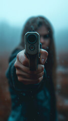Intensity in the Fog: A woman with an unwavering gaze points a handgun directly towards the viewer. A sense of danger and determination hangs heavy in the foggy atmosphere. 