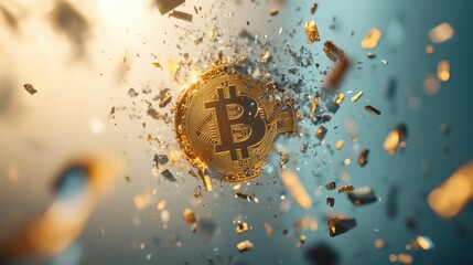 Bitcoin coin shattering into fragments as market indicators signal financial loss