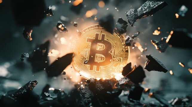 Bitcoin coin shattering into fragments as market indicators signal financial loss