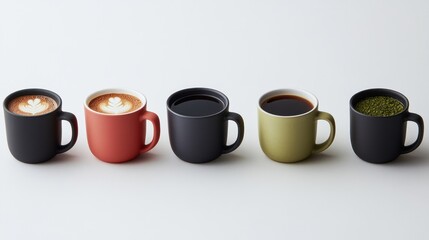 Five coffee mugs, various drinks, white background, cafe setting, beverage menu image