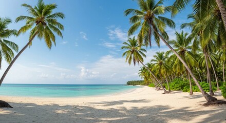 Fototapeta premium Discover a slice of heaven: tropical beach with powdery white sand, lush palm trees, and inviting turquoise waters under a sunny sky