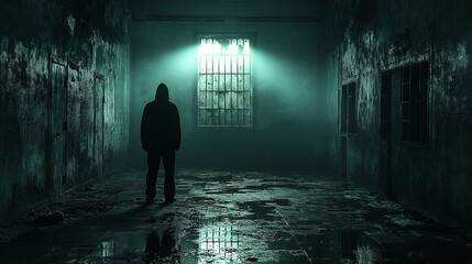 Solitary Confinement: A hooded figure stands alone in a stark, dimly lit prison cell with barred windows. This cinematic image evokes a sense of isolation, confinement, and psychological tension. 