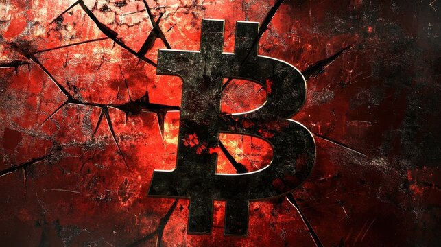 Cracked Bitcoin symbol overlaying a chaotic financial market background with falling numbers