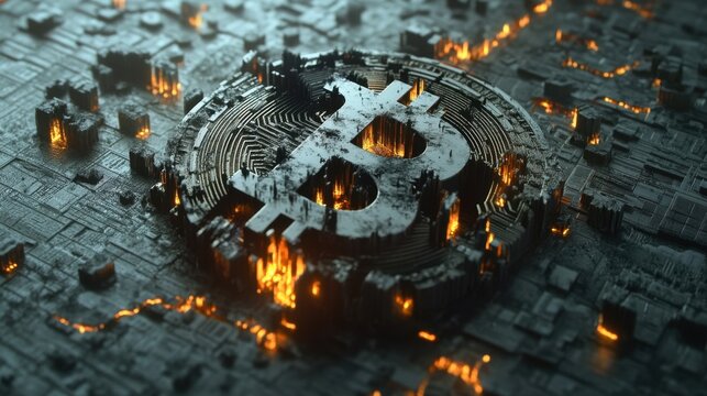 Cracked Bitcoin symbol overlaying a chaotic financial market background with falling numbers