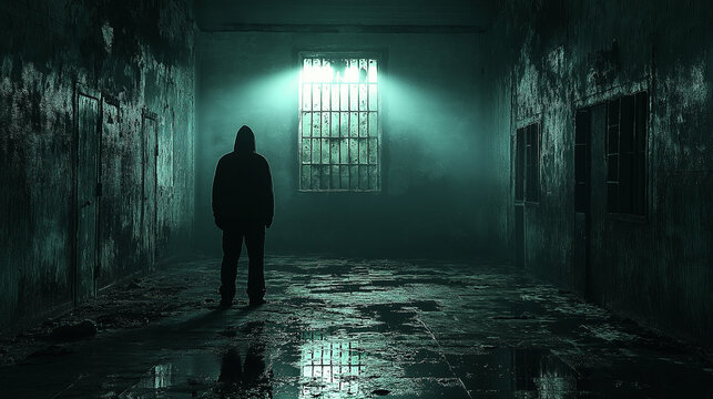 Solitary Confinement: A hooded figure stands alone in a stark, dimly lit prison cell with barred windows. This cinematic image evokes a sense of isolation, confinement, and psychological tension. 