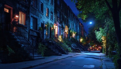 City street at night, lit houses,  quiet residential area,  urban scene