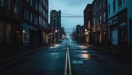 Obraz premium Empty city street at dusk, rain, urban, foggy