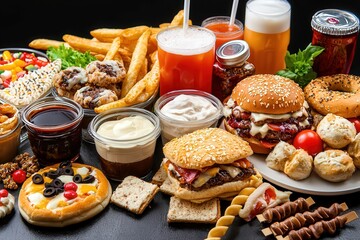 An unhealthy diet leading to obesity, showcasing processed foods and sugary drinks.