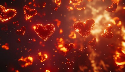 Fiery hearts falling, dark background, romantic, Valentine's
