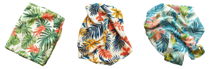Colorful Floral and Leafy Fabric Textiles with Tropical Patterns Isolated on a Transparent Background