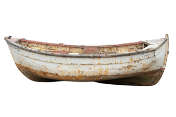 An old, weathered boat with peeling paint, suggesting a history of use and exposure to elements.