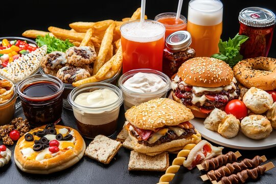 An unhealthy diet leading to obesity, showcasing processed foods and sugary drinks.