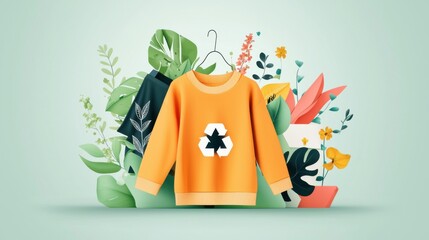 Orange Recycling Symbol Clothing on Hanger Against Floral Nature Background
