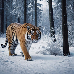 Obraz premium A Royal Bengal Tiger Looks Menacing in the Snow-Covered Forest. 