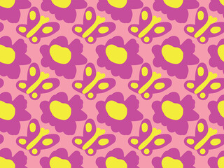 Pink and yellow, childish, girly,  cartoon, flowers, butterflies. Cute, nice, beautiful,  simple, flat. Summer,  spring. Seamless vector pattern for design and decoration. 