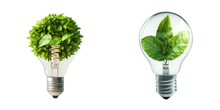 Light Bulbs with Green Plant Designs Symbolizing Eco-Friendly Energy