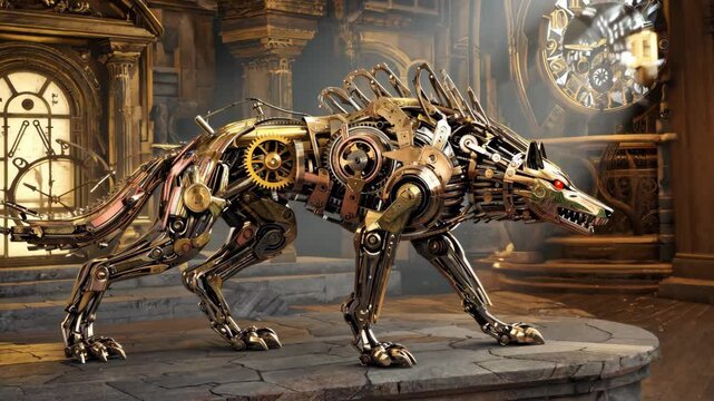 A majestic steampunk mechanical wolf with intricate brass gears and glowing red eyes in a vintage clockwork setting. A fusion of fantasy and engineering.

Описание (Русский):