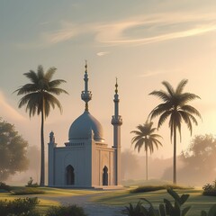 A serene landscape with a small mosque in the background, peaceful and calm atmosphere