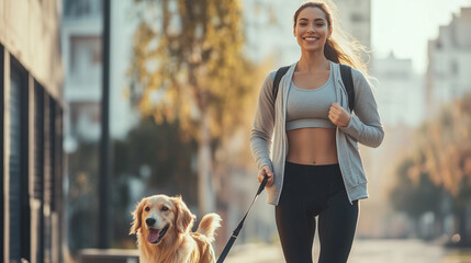 Active Woman Running with Her Dog in a Scenic Park