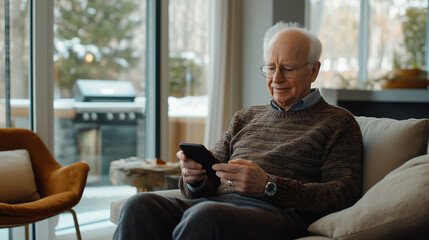 Sophisticated Senior Using Smartphone in a Bright, Contemporary Home