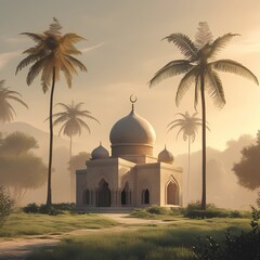 A serene landscape with a small mosque in the background, peaceful and calm atmosphere
