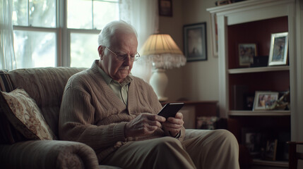 Sophisticated Senior Using Smartphone in a Bright, Contemporary Home