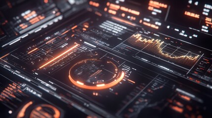 Futuristic data graphs, charts, and interfaces.  Technology background. Use  Website or app design