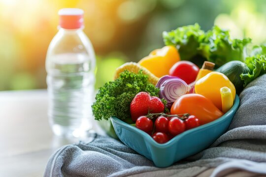A bright and cheerful fitness and nutrition concept with a heart dish full of healthy foods, positioned near a water bottle and workout gear