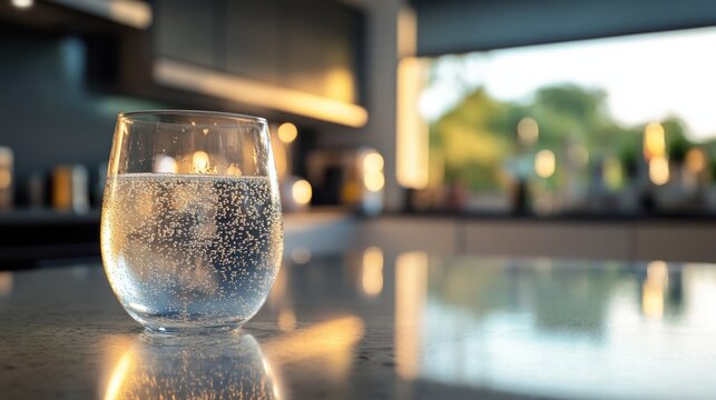 Glass of Sparkling Water on Kitchen Counter