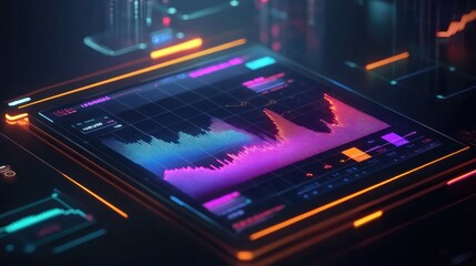 Futuristic stock market data displayed on a holographic screen