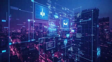 Futuristic City Skyline with Digital Overlays and Technology Elements in a Night Scene