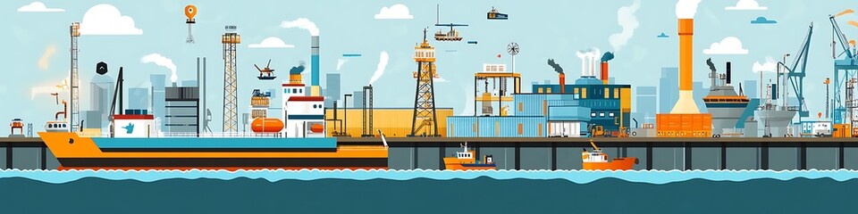 Obraz premium A Busy Industrial Port City Scene With Ships and Cranes