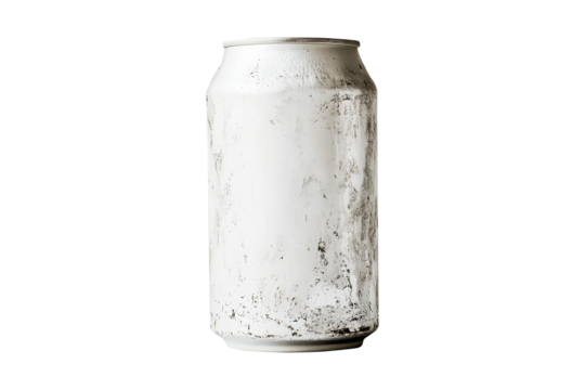Aluminum silver soda can dirty isolated on cut out PNG or transparent background. Realistic bottle drink template pattern. Composition suitable for advertising and brand purposes.