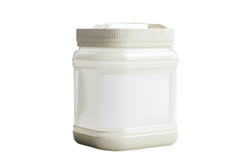 White plastic container filled chemical with sturdy design featuring clear label space isolated on cut out PNG or transparent background. Perfect for industrial and product focused visuals.