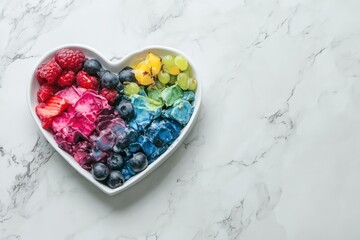 A bright and fresh concept image of a balanced diet, showcasing colorful superfoods in a heart dish on a white marble background