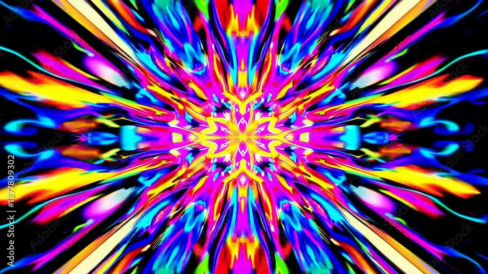 Poster colorful abstract light explosion with vivid neon hues and symmetrical patterns on black background.