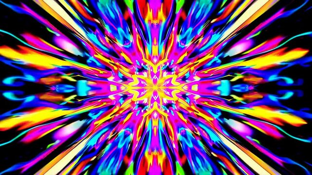 Colorful abstract light explosion with vivid neon hues and symmetrical patterns on black background. Futuristic digital art and psychedelic design concept