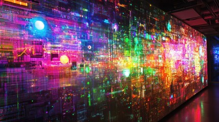 Naklejka premium Vibrant digital art installation showcasing colorful light patterns in a modern space