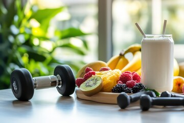 A bright and modern sports nutrition setup with a protein shake, a dumbbell, and a fresh fruit platter