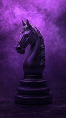 Fototapeta premium Black chess knight statue with purple smoke background