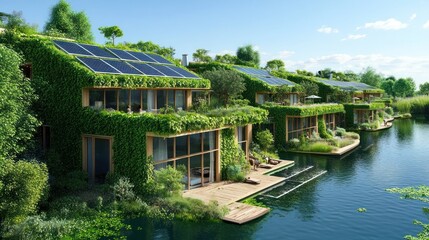 Naklejka premium Eco-friendly homes with solar panels surrounded by lush greenery and a tranquil lake setting