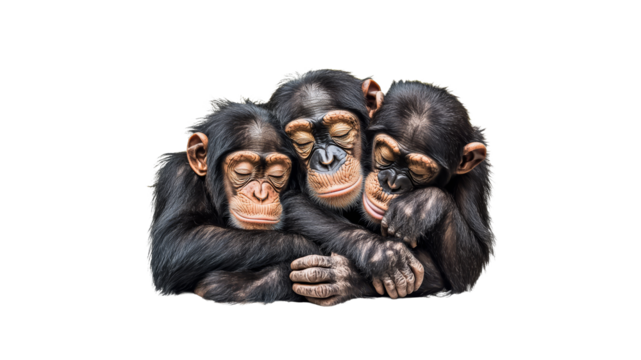 Three monkeys snuggling on white